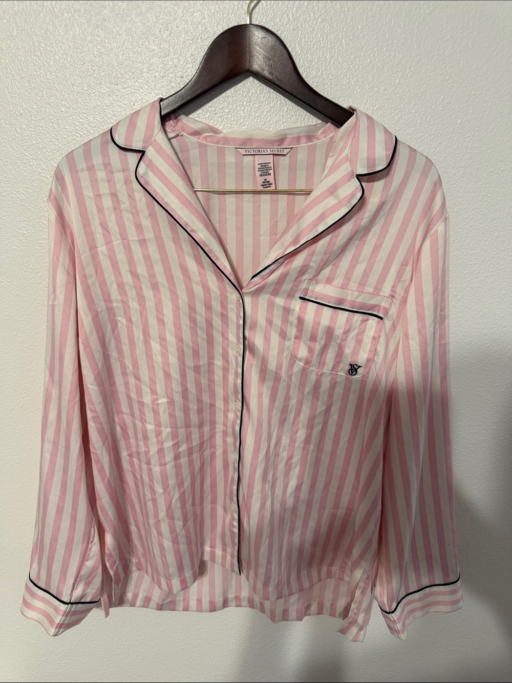 Victoria's Secret Pink & White Striped Satin Pajama Shirt with Black Piping
